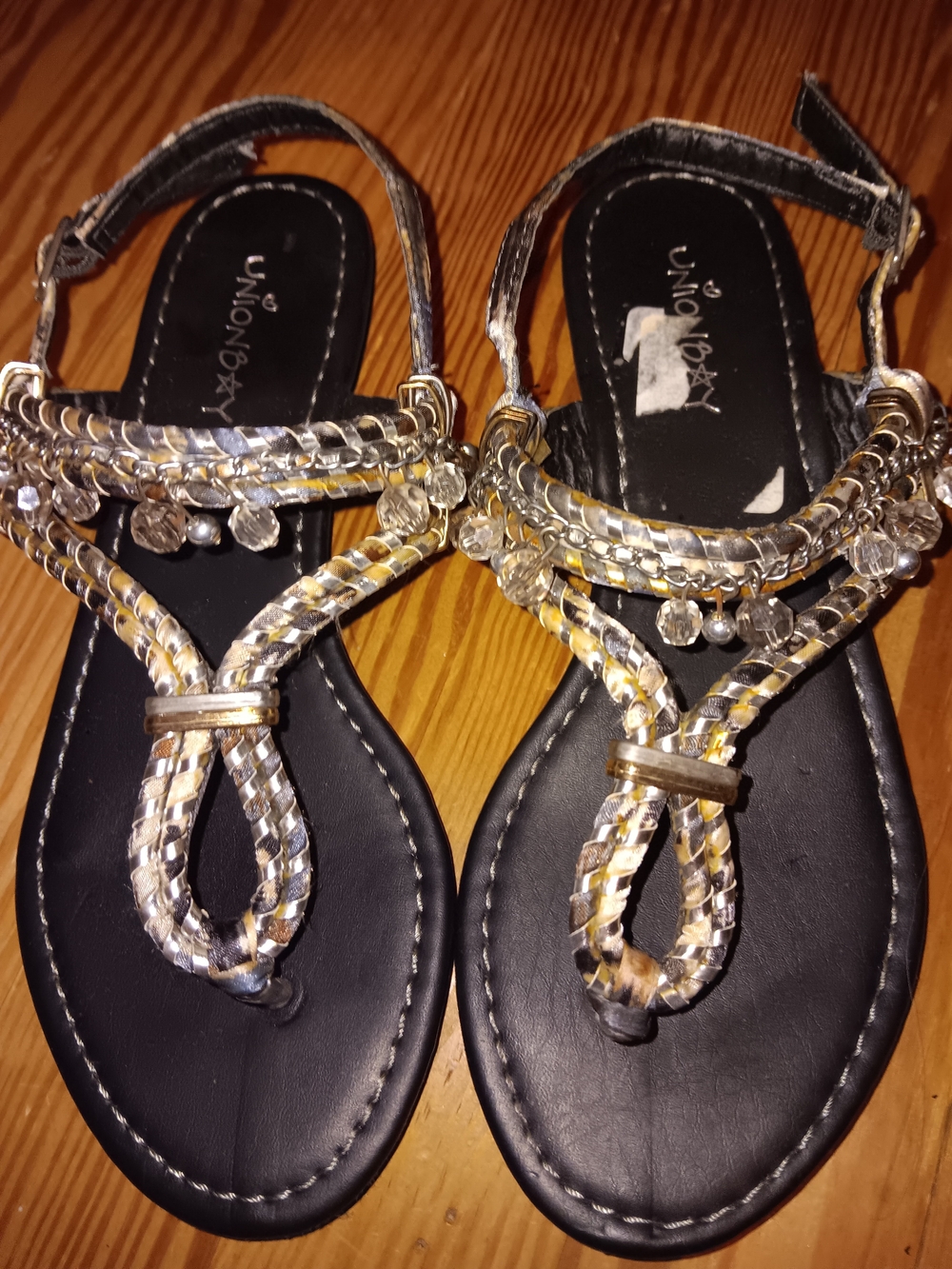 UNIONBAY Gold and Silver Braided T-Strap Sandals with Crystal Accents